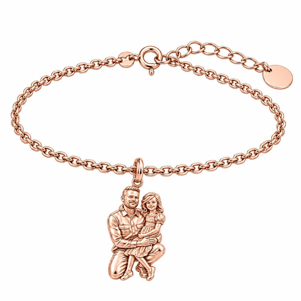 Father and Daughter Portrait Charm Bracelet Set – rose gold, front view