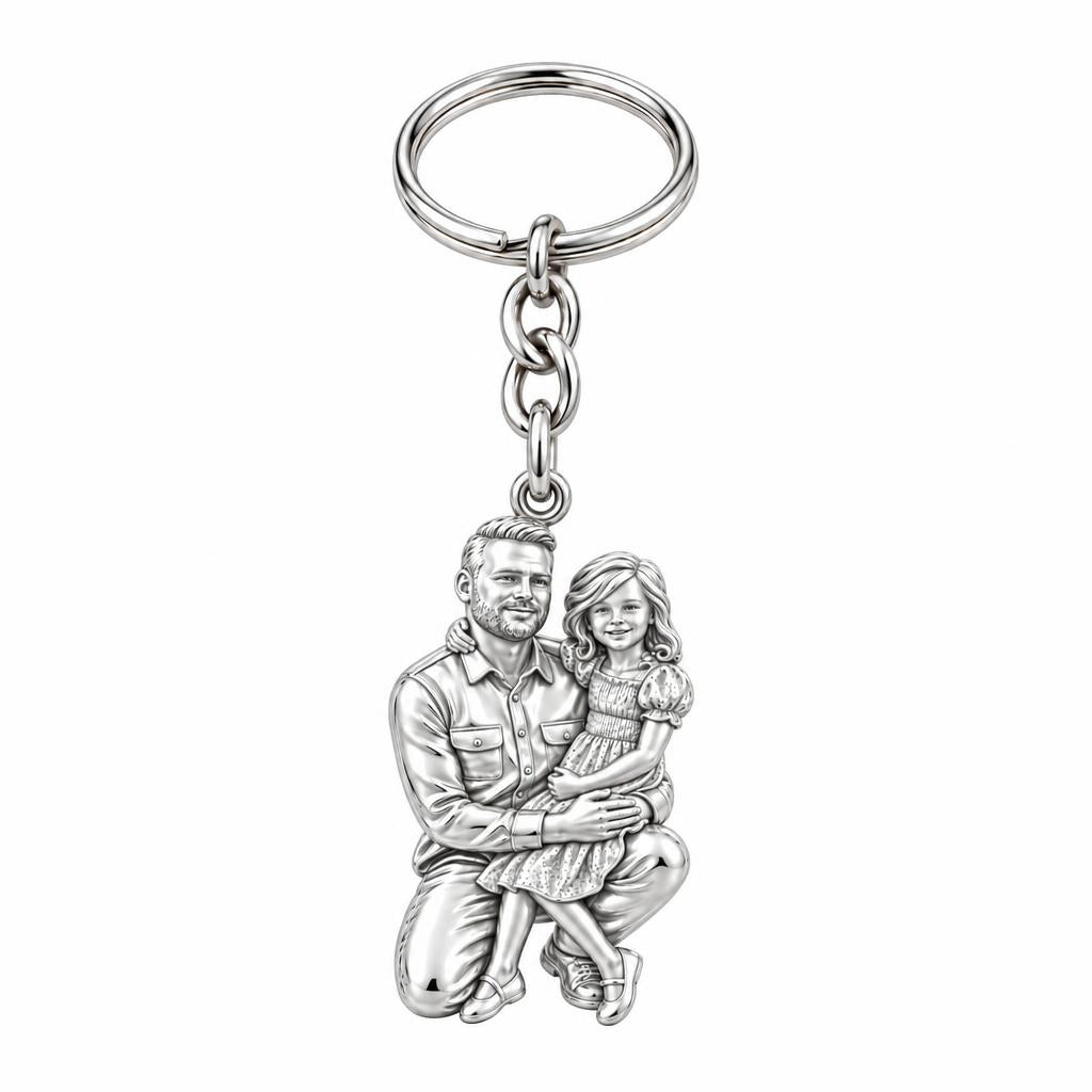 Father and Daughter Portrait Charm Keychain – silver, front view