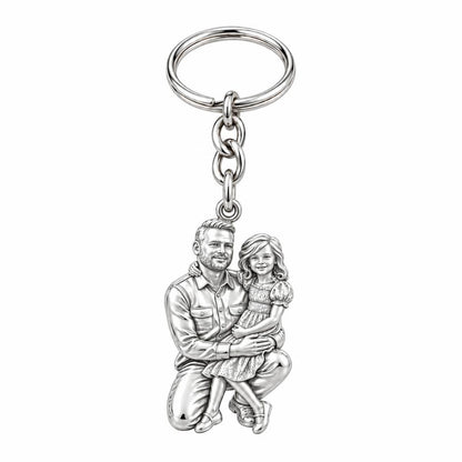 Father and Daughter Portrait Charm Keychain – silver, front view