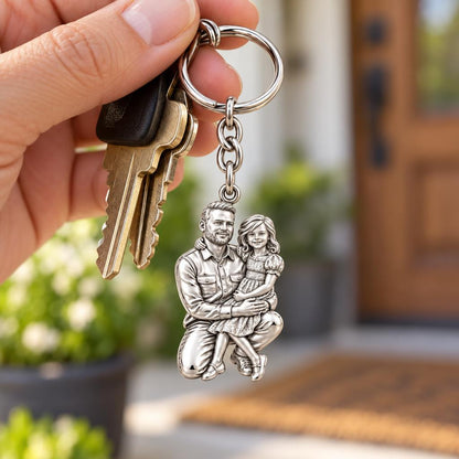 Father and Daughter Portrait Charm Keychain – worn / in use