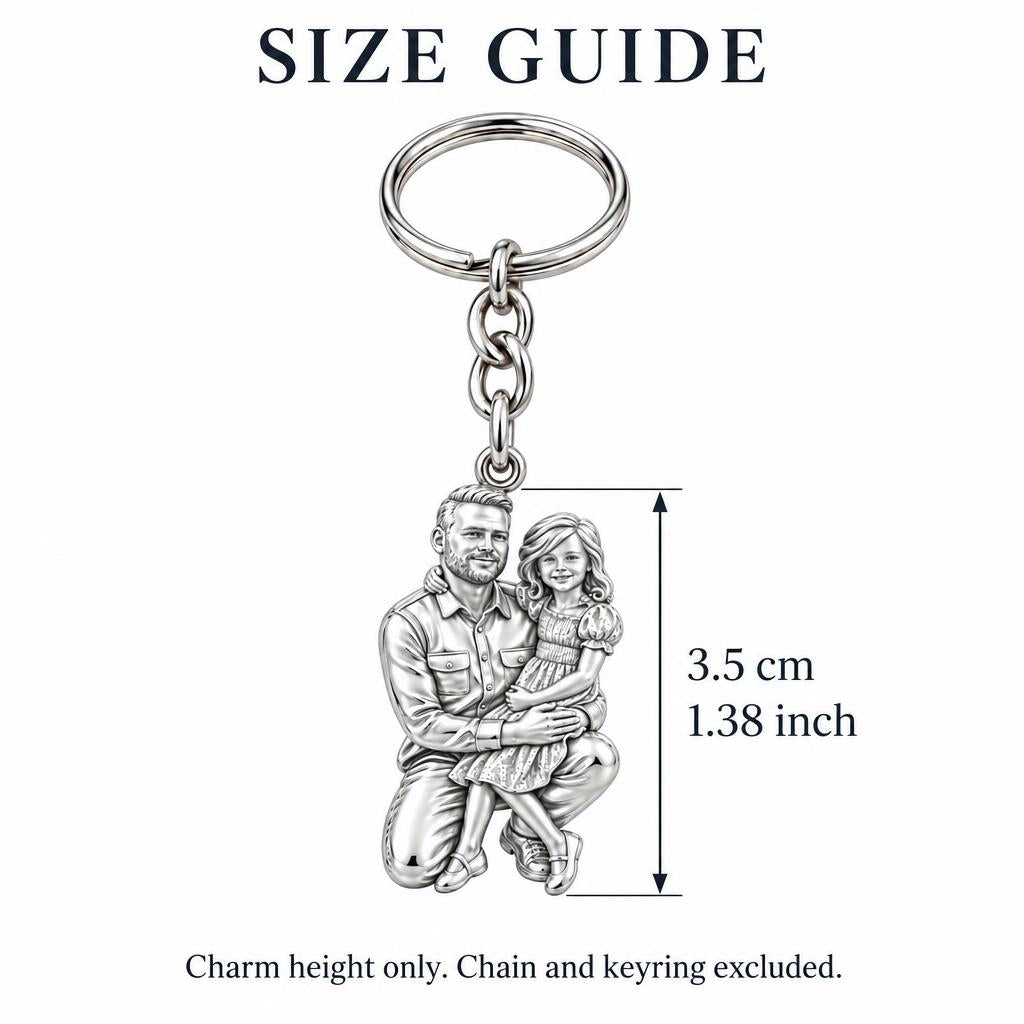 Father and Daughter Portrait Charm Keychain – size guide, 3.5 cm (1.38 in) charm, chain and keyring excluded