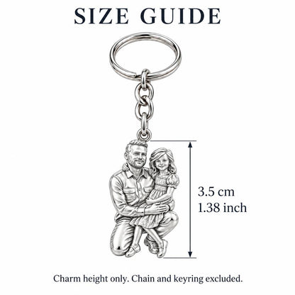 Father and Daughter Portrait Charm Keychain – size guide, 3.5 cm (1.38 in) charm, chain and keyring excluded