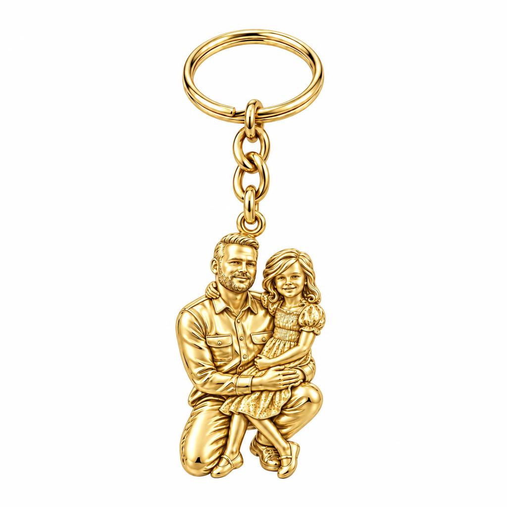 Father and Daughter Portrait Charm Keychain – 18K gold, front view