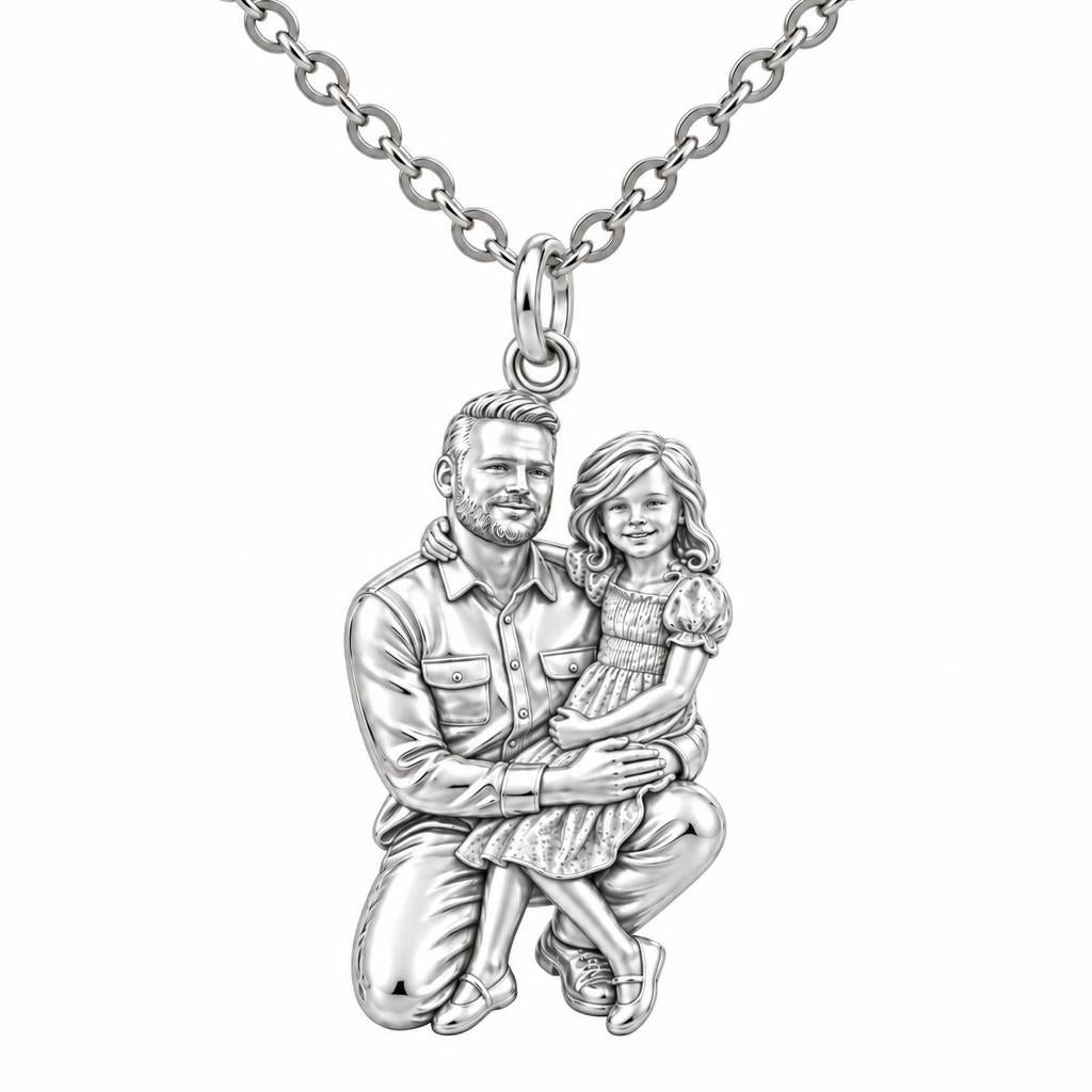 Father and Daughter Portrait Charm Necklace Set – silver, front view