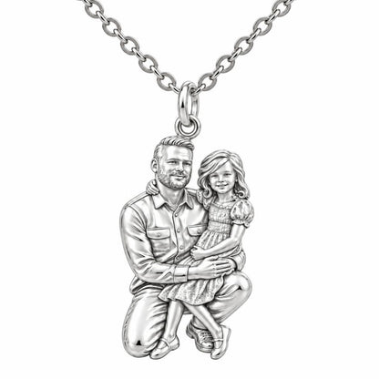 Father and Daughter Portrait Charm Necklace Set – silver, front view