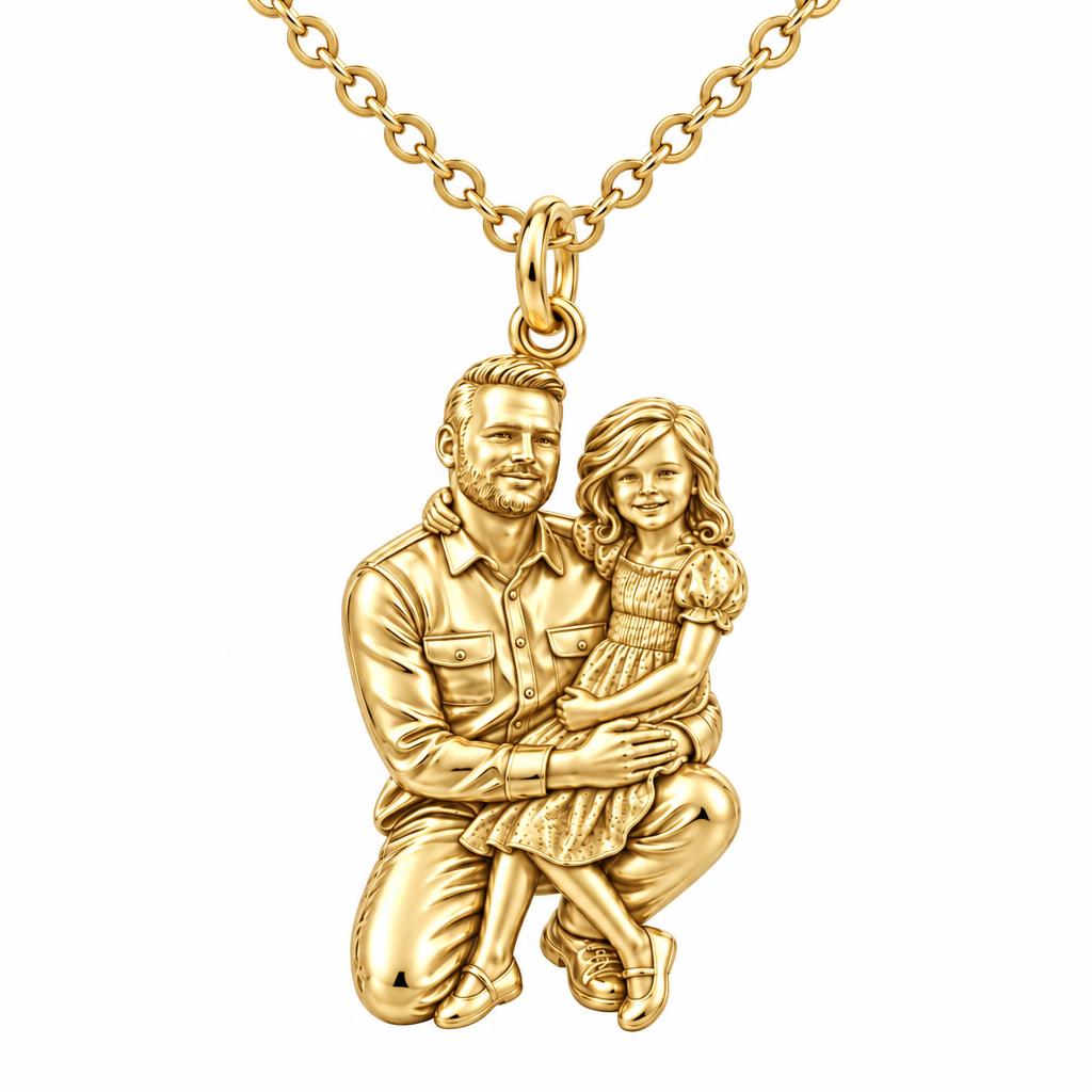 Father and Daughter Portrait Charm Necklace Set – 18K gold, front view