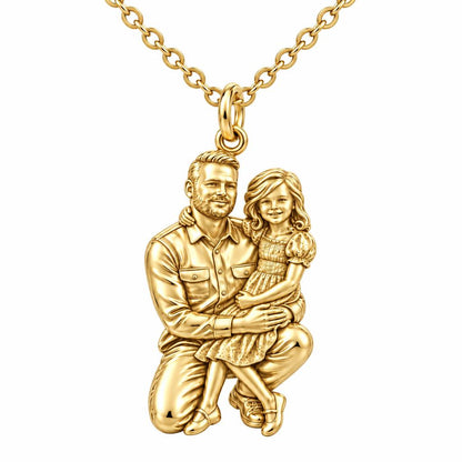 Father and Daughter Portrait Charm Necklace Set – 18K gold, front view