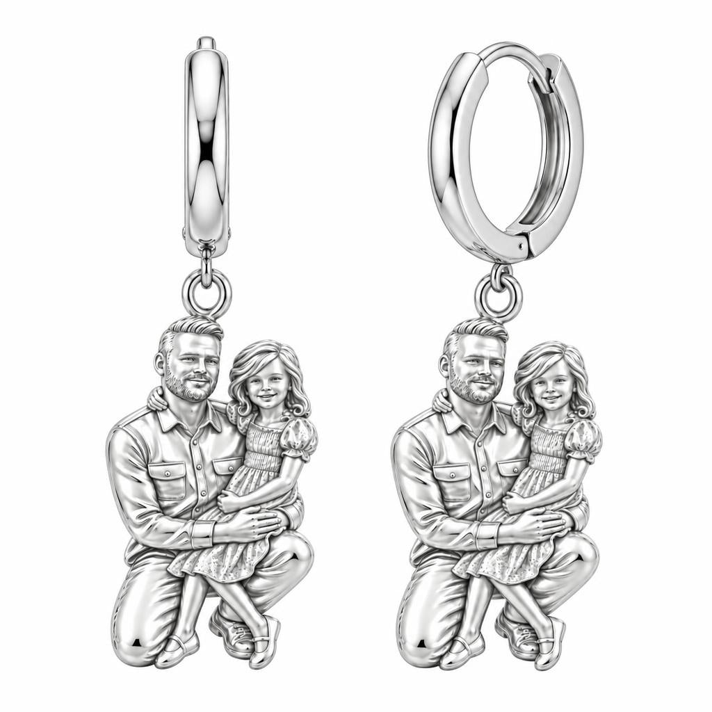 Father and Daughter Portrait Huggie Charm Earrings – silver, front view