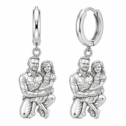 Father and Daughter Portrait Huggie Charm Earrings – silver, front view