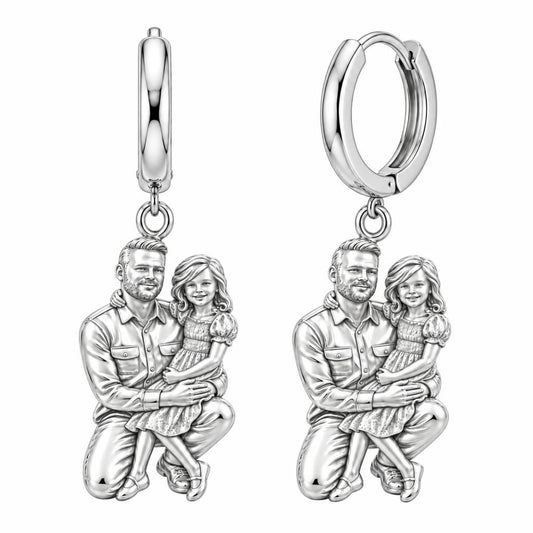 Father and Daughter Portrait Huggie Charm Earrings – silver, front view