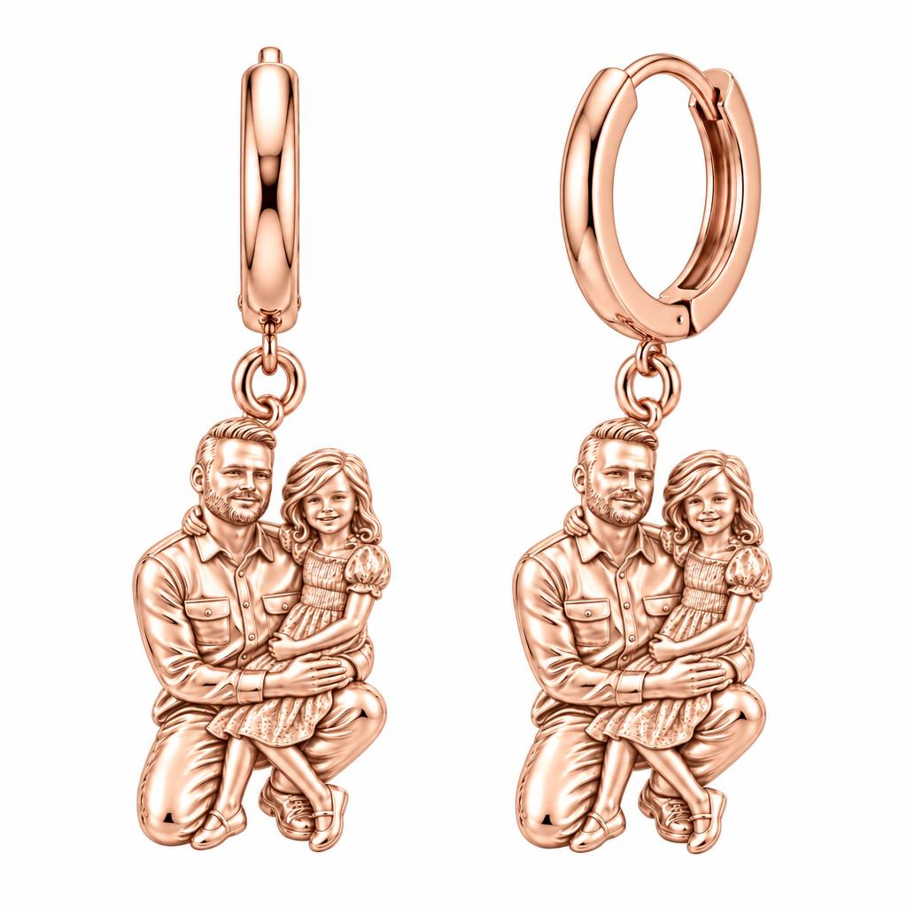 Father and Daughter Portrait Huggie Charm Earrings – rose gold, front view