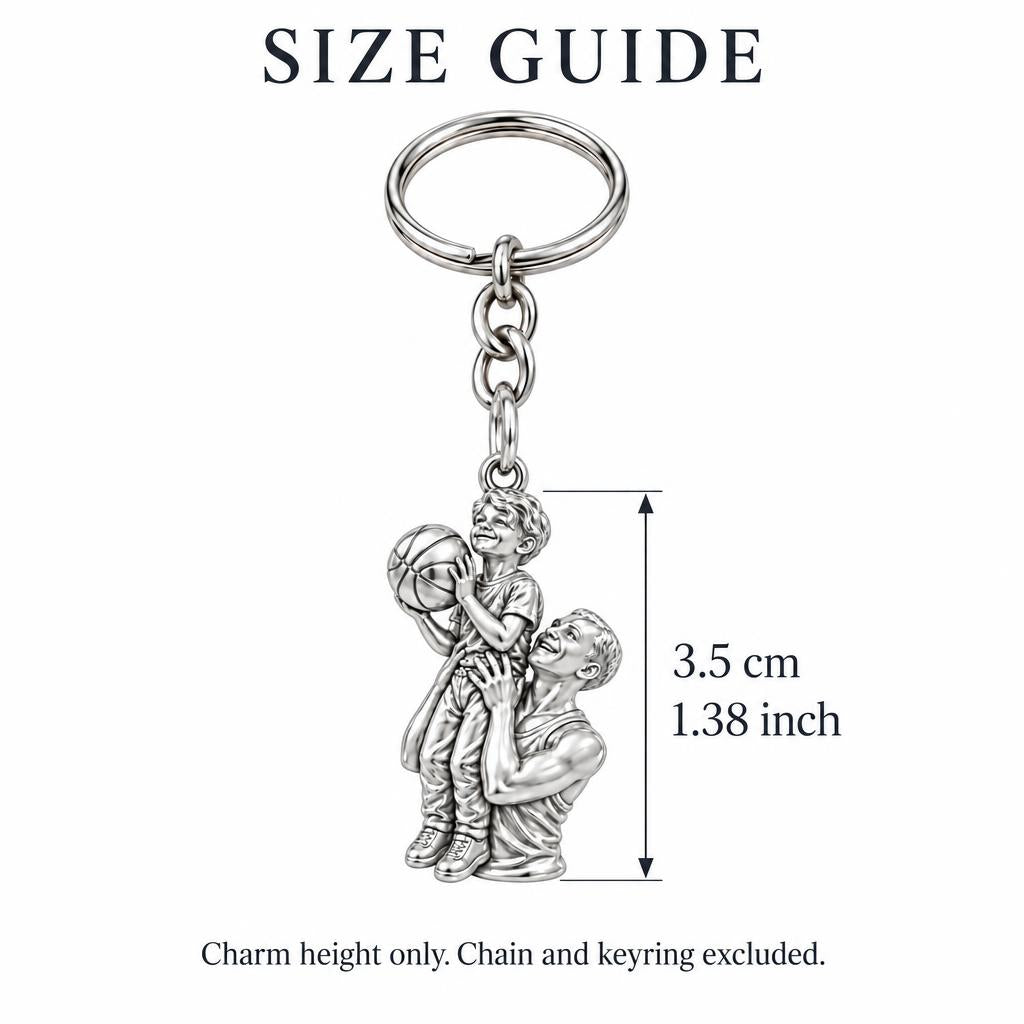 Father and Son Basketball Charm Keychain – size guide, 3.5 cm (1.38 in) charm, chain and keyring excluded