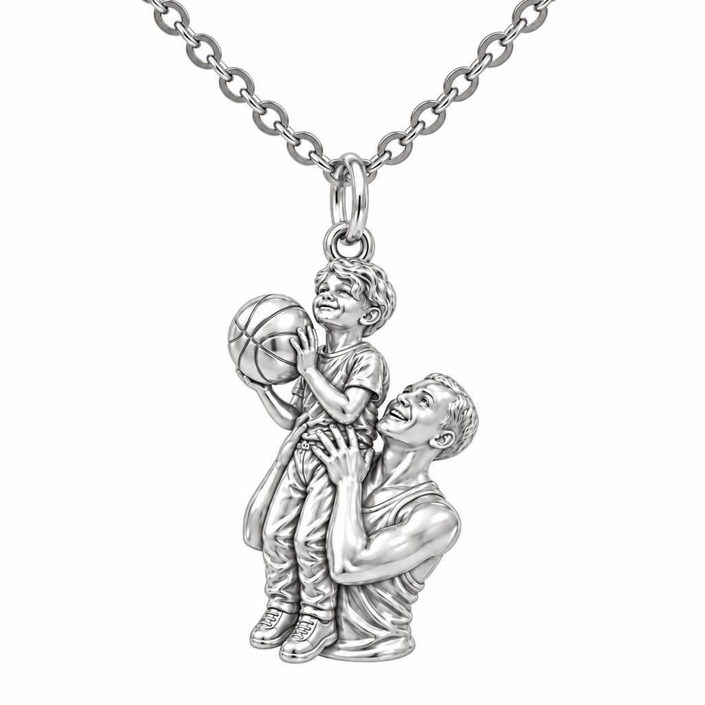 Father and Son Basketball Charm Necklace Set – silver, front view