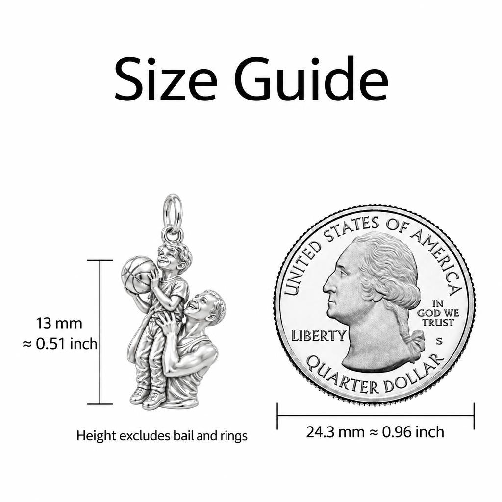 Father and Son Basketball Huggie Charm Earrings – size guide, 13 mm charm next to a quarter