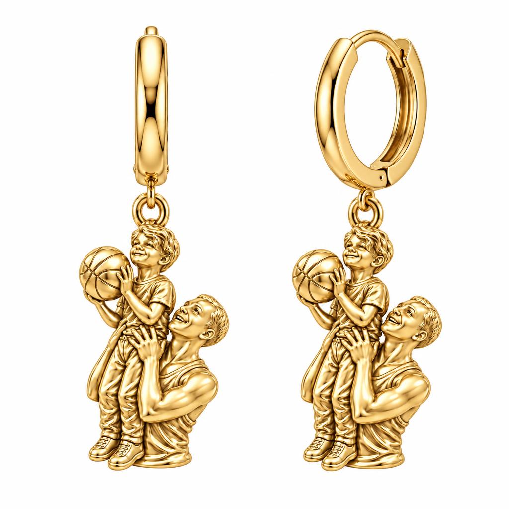 Father and Son Basketball Huggie Charm Earrings – 18K gold, front view
