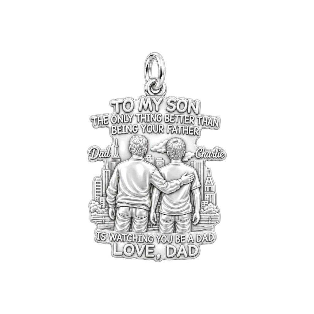 Father and Son Cityscape Charm Bracelet – Personalized Dad Gift – silver plated 2 cm charm, front view