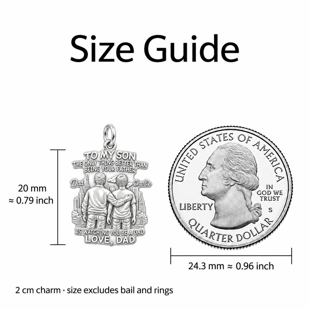 Father and Son Cityscape Charm Bracelet – Personalized Dad Gift – size guide, 2 cm charm next to a quarter
