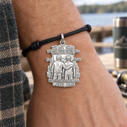 Father and Son Cityscape Charm Bracelet – Personalized Dad Gift – worn on the wrist on a black cord bracelet