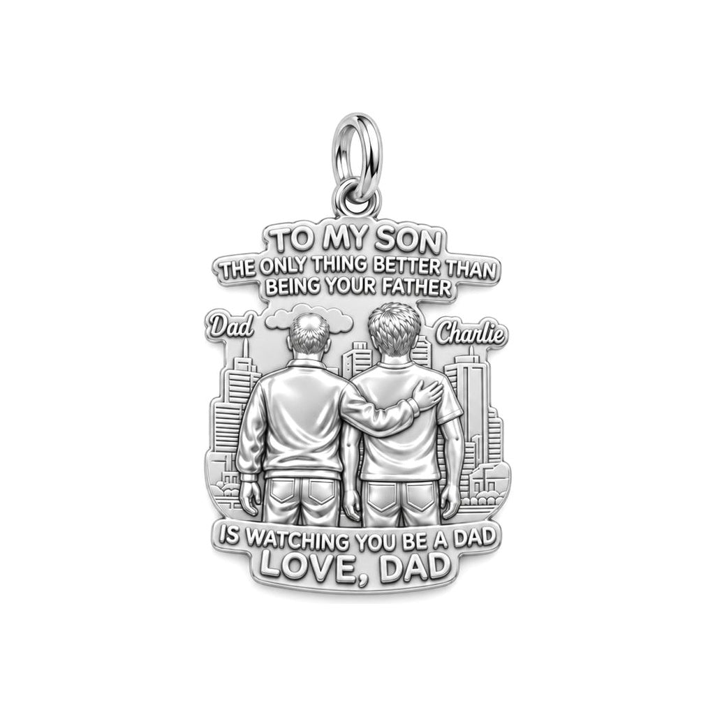 Father and Son Cityscape Charm Bracelet – Personalized Son Gift – silver plated 3 cm charm, front view