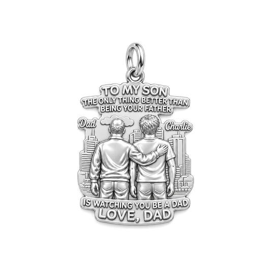 Father and Son Cityscape Charm Bracelet – Personalized Son Gift – silver plated 3 cm charm, front view