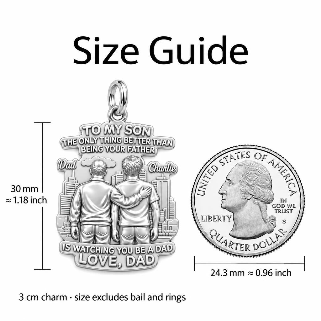 Father and Son Cityscape Charm Bracelet – Personalized Son Gift – size guide, 3 cm charm next to a quarter