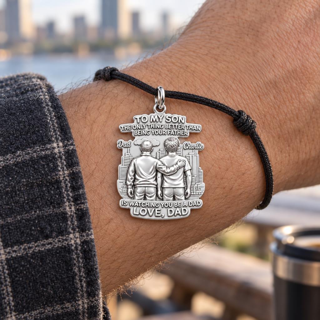 Father and Son Cityscape Charm Bracelet – Personalized Son Gift – worn on the wrist on a black cord bracelet
