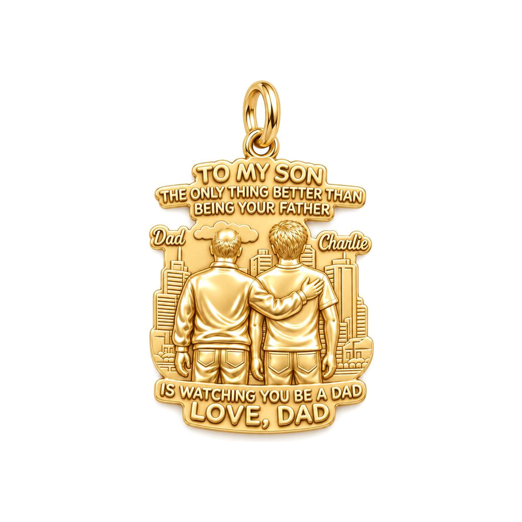 Father and Son Cityscape Charm Bracelet – Personalized Son Gift – 18K gold plated 3 cm charm, front view