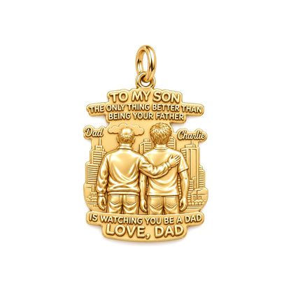 Father and Son Cityscape Charm Bracelet – Personalized Son Gift – 18K gold plated 3 cm charm, front view
