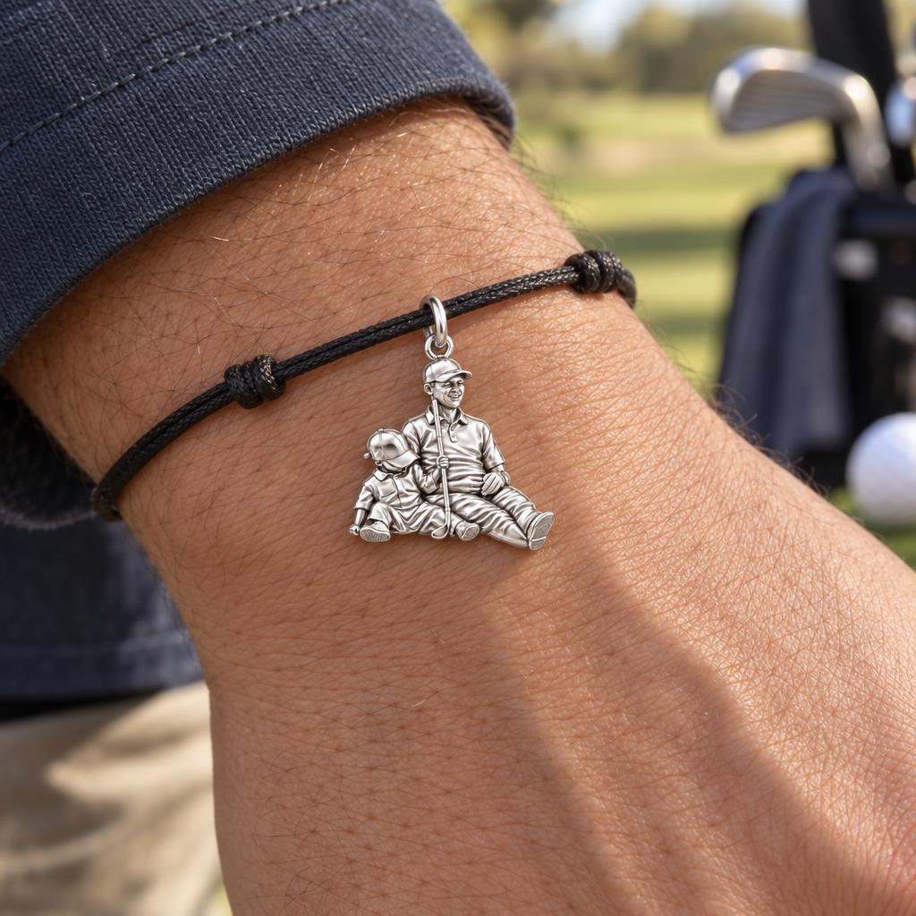 Father and Son Golfing Charm Bracelet – Personalized Dad Gift – worn on the wrist on a black cord bracelet