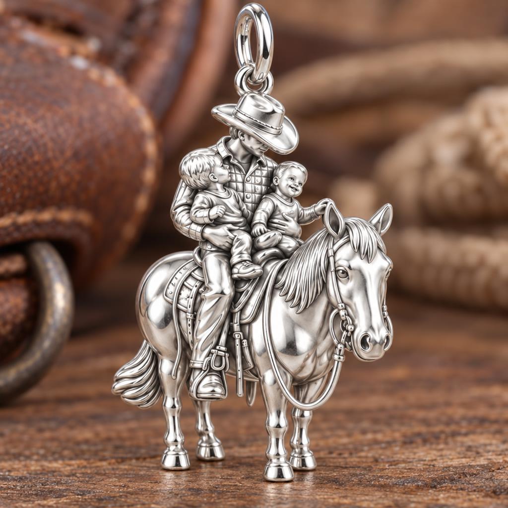 Father and Sons Horseback Ride Charm Bracelet – Personalized Dad Gift – macro detail of the charm