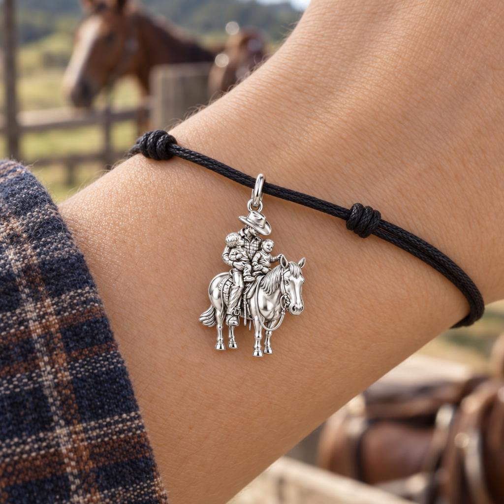 Father and Sons Horseback Ride Charm Bracelet – Personalized Dad Gift – worn on the wrist on a black cord bracelet
