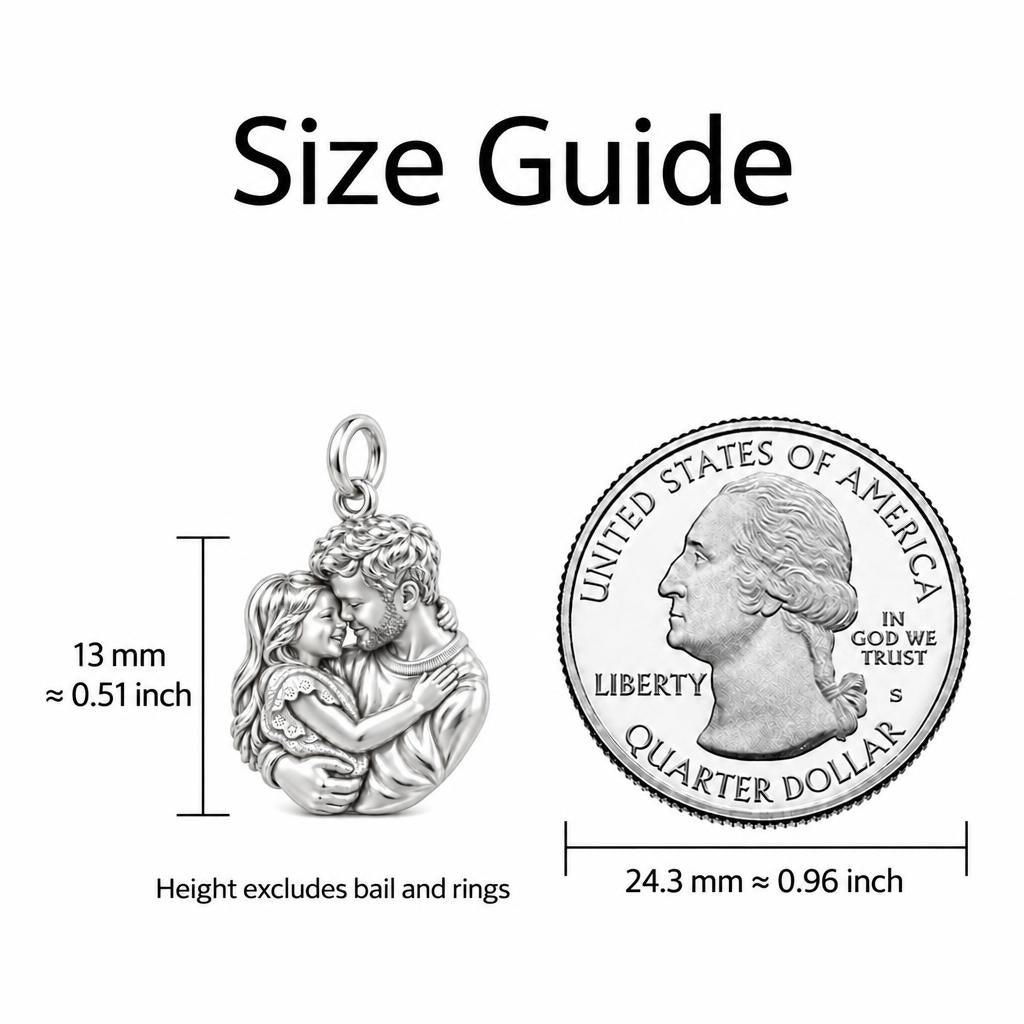 Father Daughter Embrace Charm Bracelet – Personalized Dad Gift – size guide, 13 mm charm next to a quarter