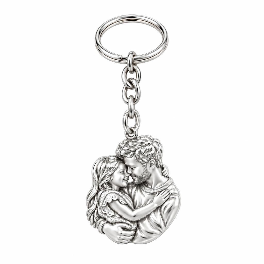 Father Daughter Embrace Charm Keychain – silver, front view