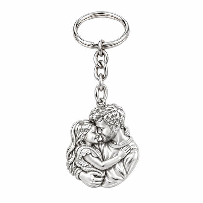 Father Daughter Embrace Charm Keychain – silver, front view