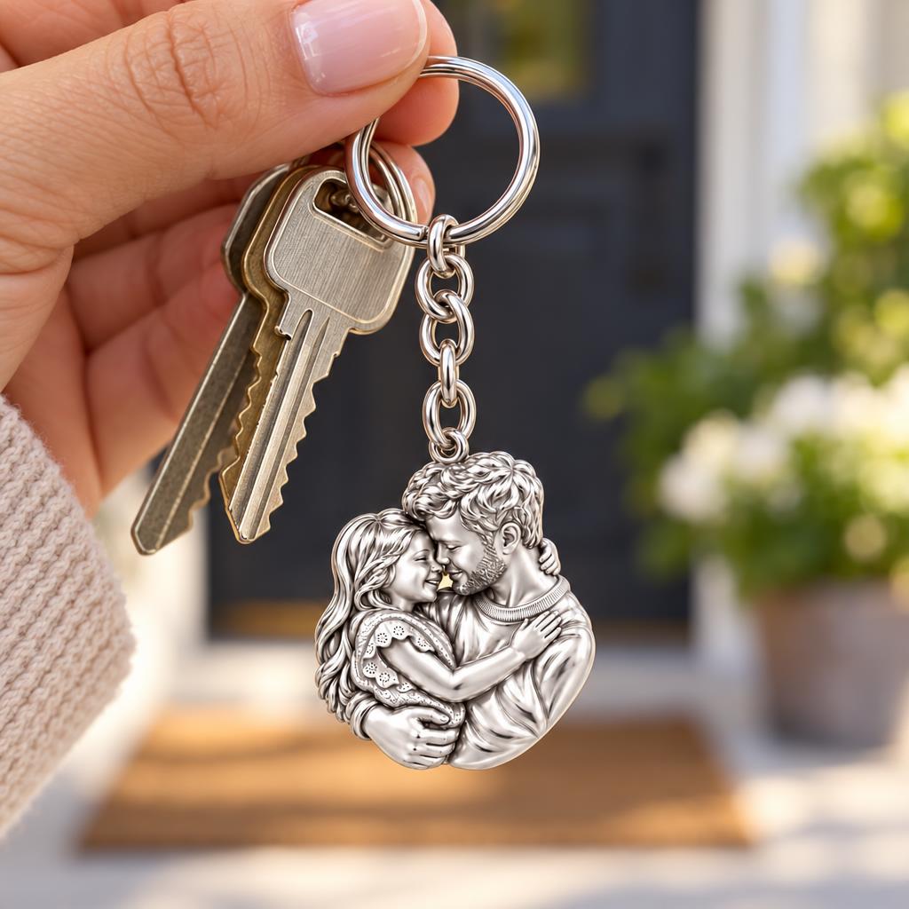 Father Daughter Embrace Charm Keychain – worn / in use