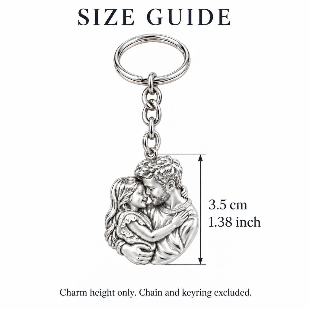 Father Daughter Embrace Charm Keychain – size guide, 3.5 cm (1.38 in) charm, chain and keyring excluded