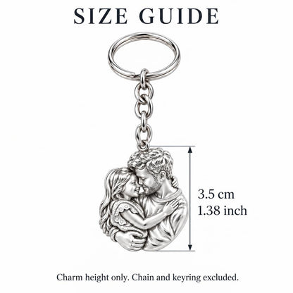 Father Daughter Embrace Charm Keychain – size guide, 3.5 cm (1.38 in) charm, chain and keyring excluded