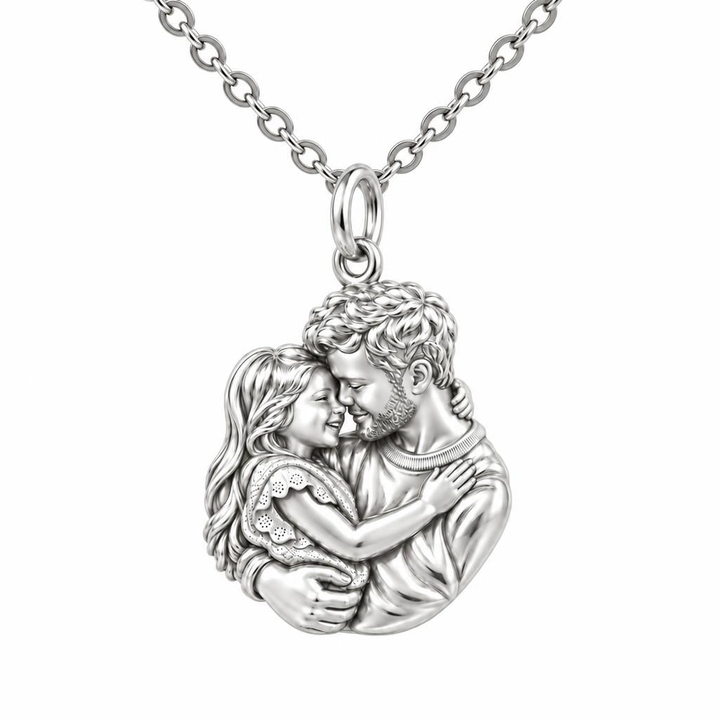 Father Daughter Embrace Charm Necklace Set – silver, front view