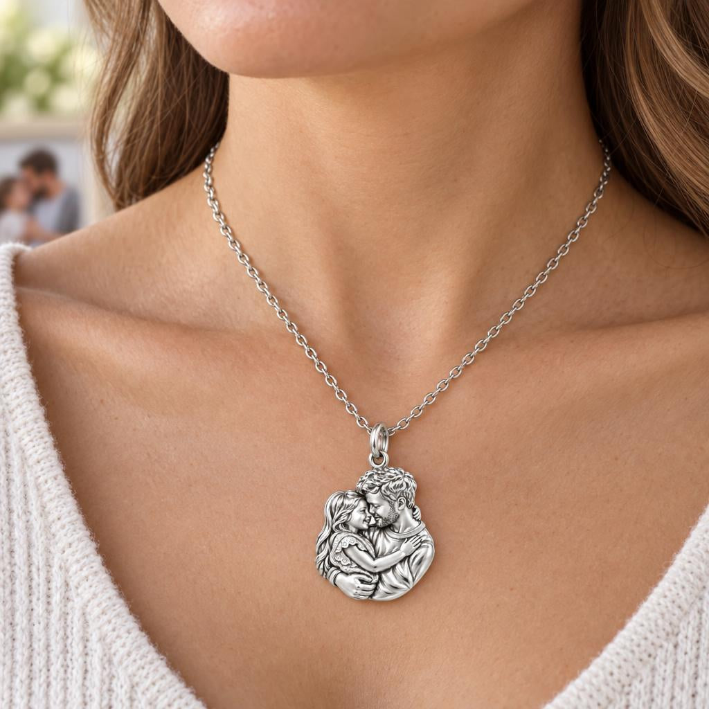 Father Daughter Embrace Charm Necklace Set – worn / in use