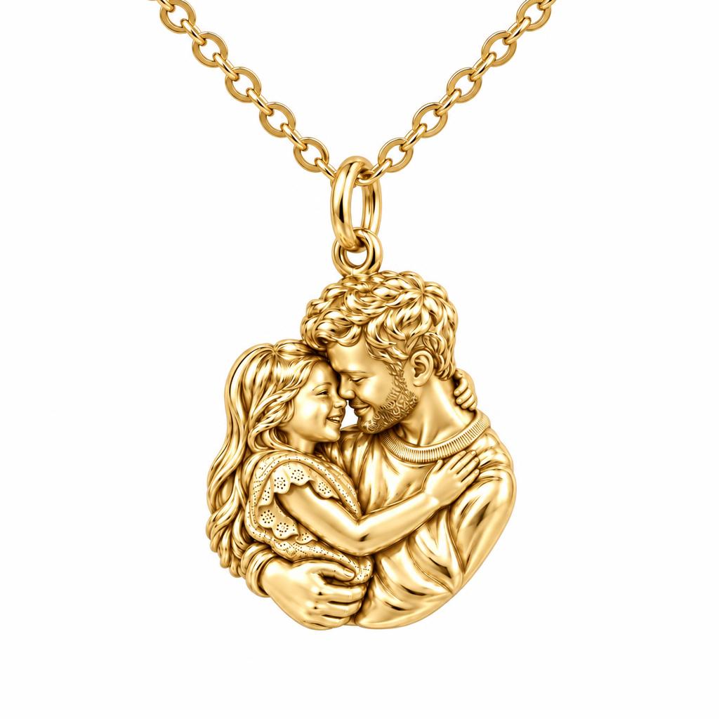 Father Daughter Embrace Charm Necklace Set – 18K gold, front view