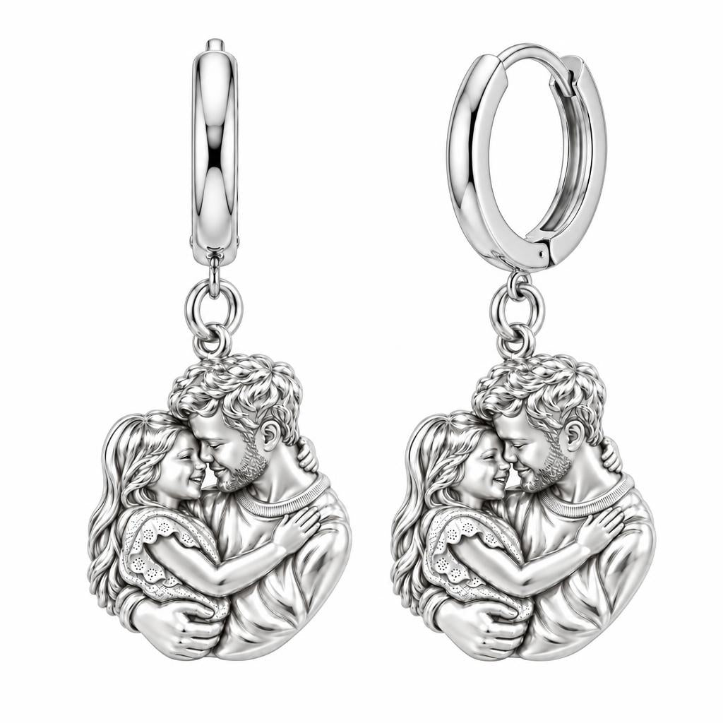Father Daughter Embrace Huggie Charm Earrings – silver, front view