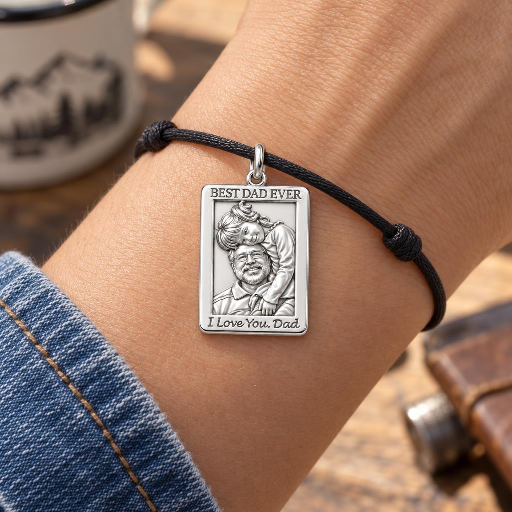 Father Daughter Portrait Charm Bracelet – Personalized Dad Gift – worn on the wrist on a black cord bracelet