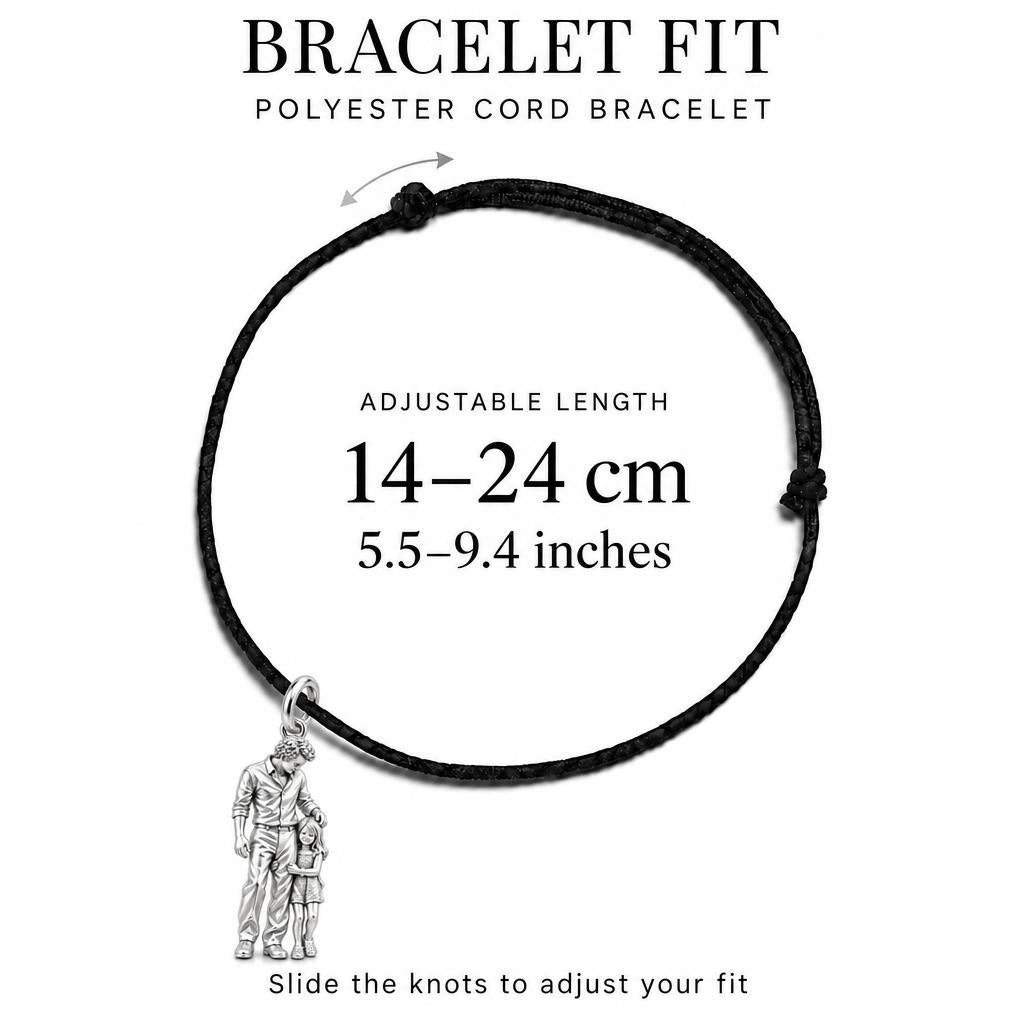 Father's Gentle Guidance Charm Bracelet – Personalized Dad Gift – adjustable black cord bracelet, 14–24 cm