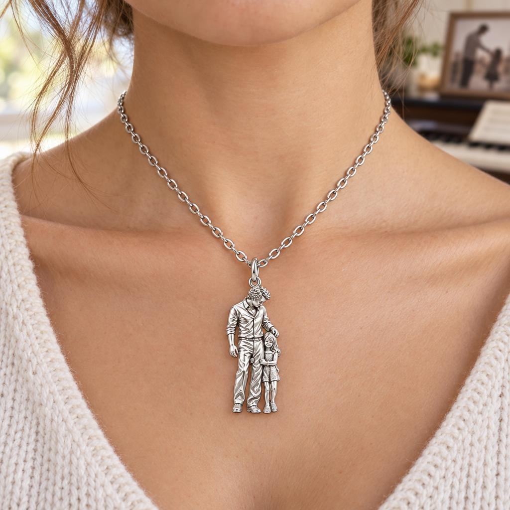 Father's Gentle Guidance Charm Necklace Set – worn / in use