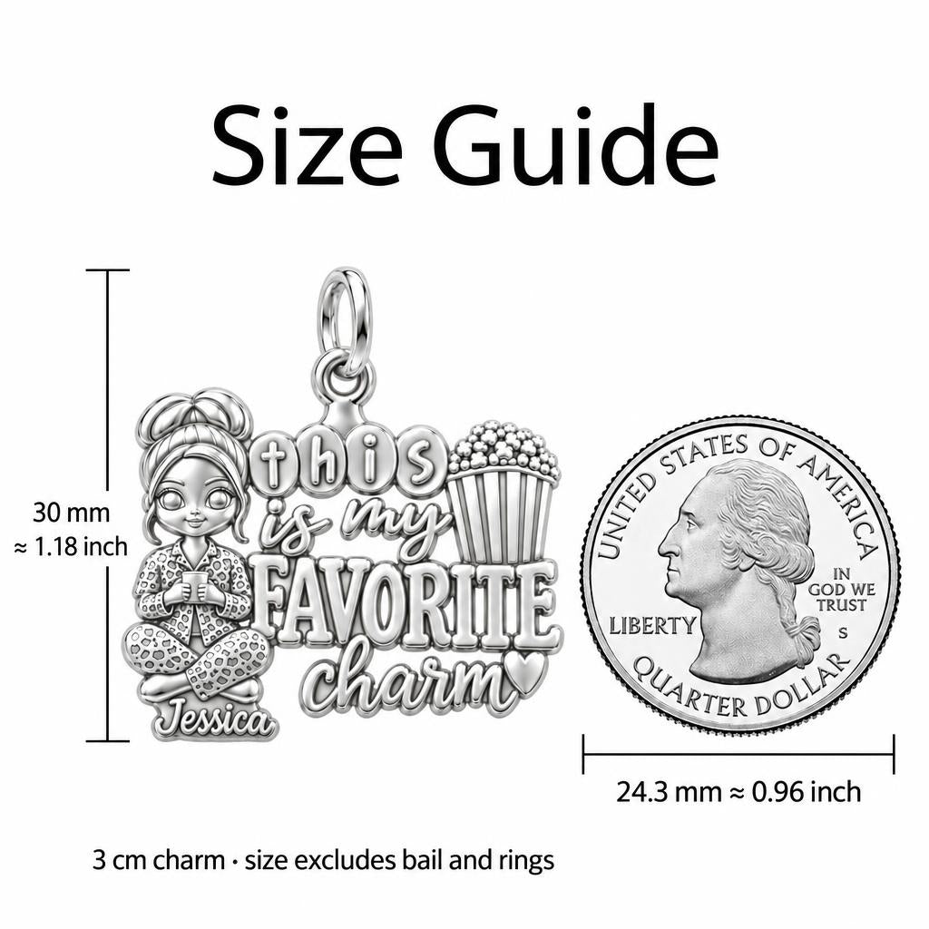 Favorite Cozy Night Charm Bracelet – Personalized Bestie Gift – size guide, 3 cm charm next to a quarter