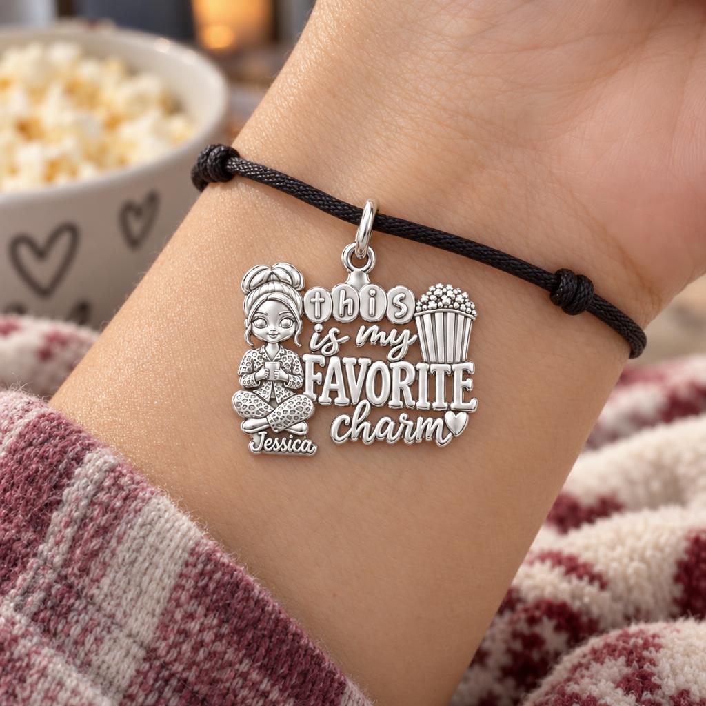 Favorite Cozy Night Charm Bracelet – Personalized Bestie Gift – worn on the wrist on a black cord bracelet