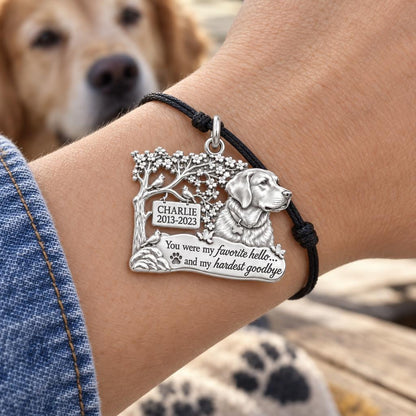 Favorite Hello Pet Memorial Charm Bracelet – Personalized Gift – worn on the wrist on a black cord bracelet