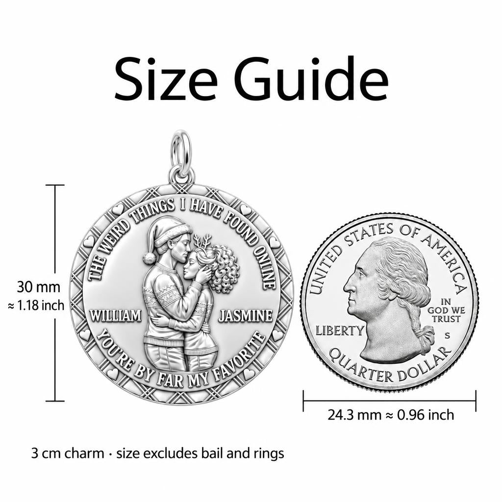Favorite Online Find Charm Bracelet – Personalized Couple Gift – size guide, 3 cm charm next to a quarter