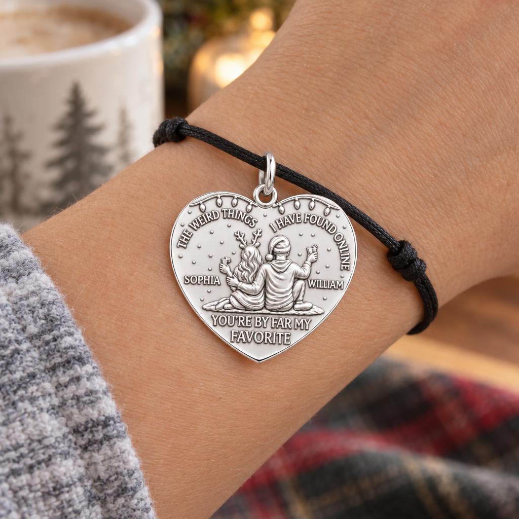 Favorite Online Find Charm Bracelet – Personalized Couple Gift – worn on the wrist on a black cord bracelet