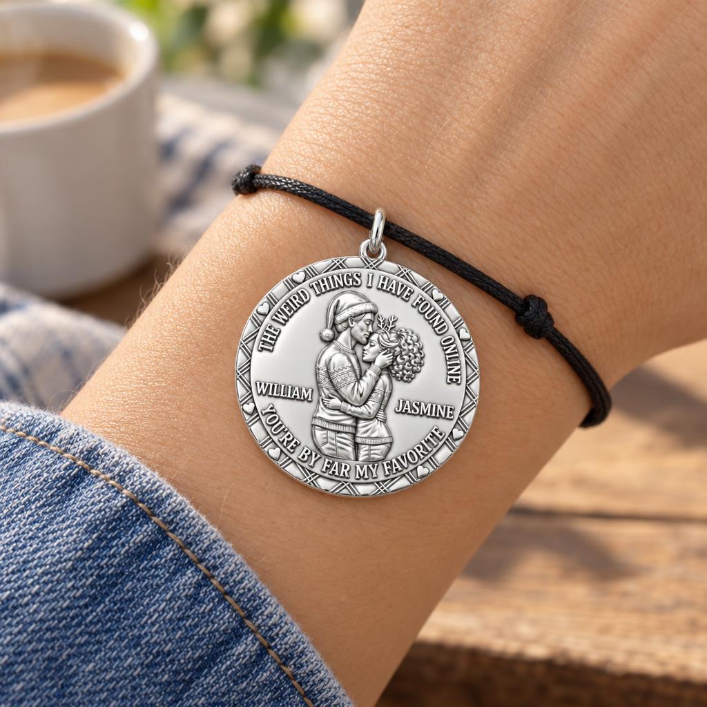 Favorite Online Find Charm Bracelet – Personalized Couple Gift – worn on the wrist on a black cord bracelet